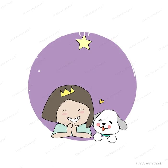 Girl asleep on a book with her dog under a purple moon