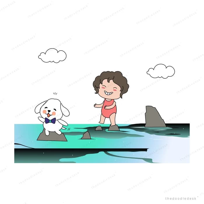 Girl and dog on a small boat facing a shark fin