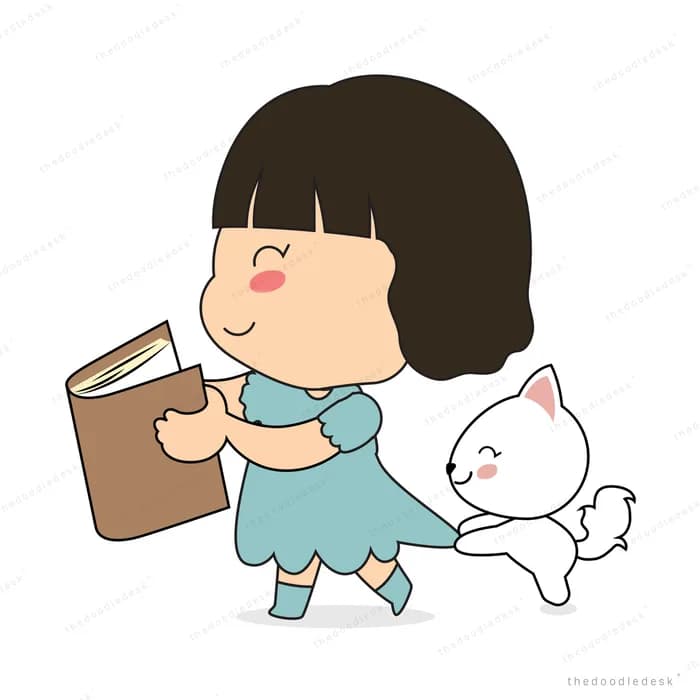 Girl carrying a clipboard with her cat behind