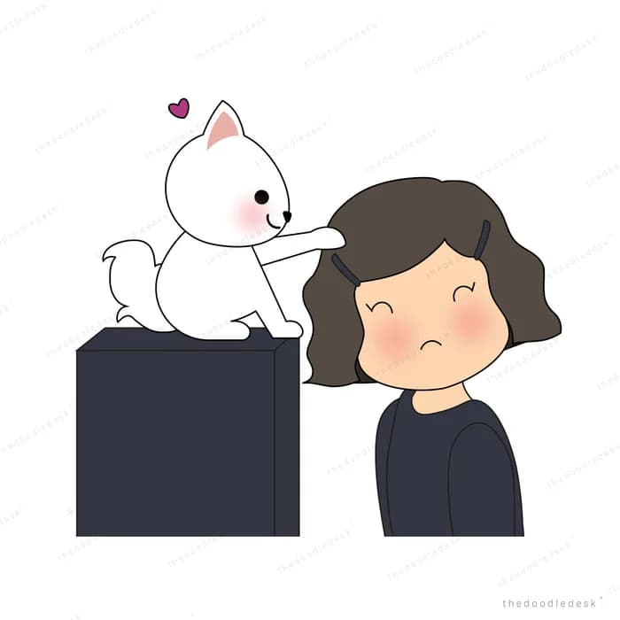 Girl looking away from a cat sitting on a black block