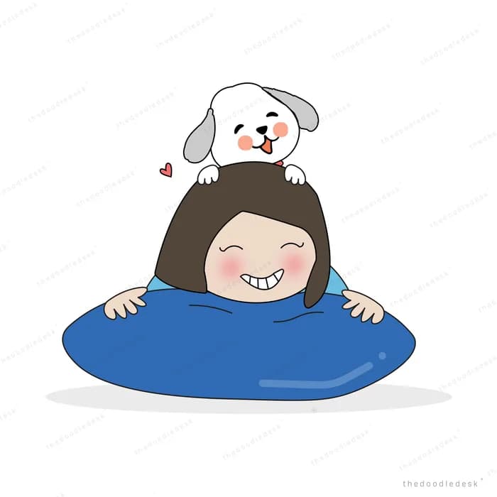 Girl resting on a blue cushion with her dog on her head