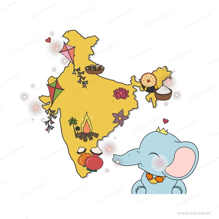 Children and an elephant around a map of India