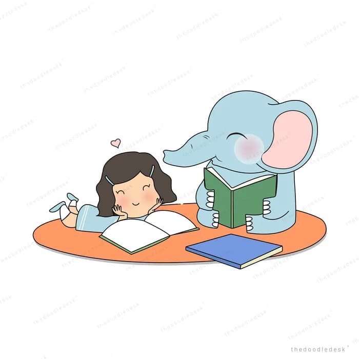 Girl and elephant reading books together on a mat