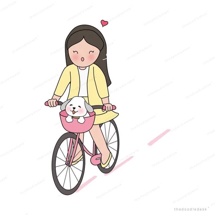 Girl cycling with a cat in the front basket