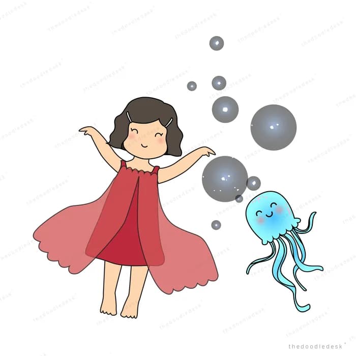 Girl in a red dress reaching toward an octopus and orbs