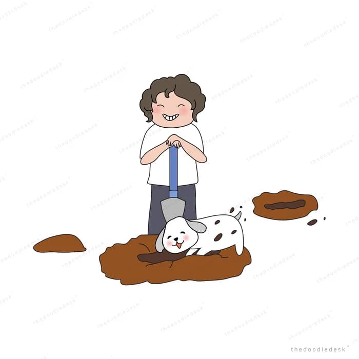 Boy standing on soil with a dog and scattered mounds