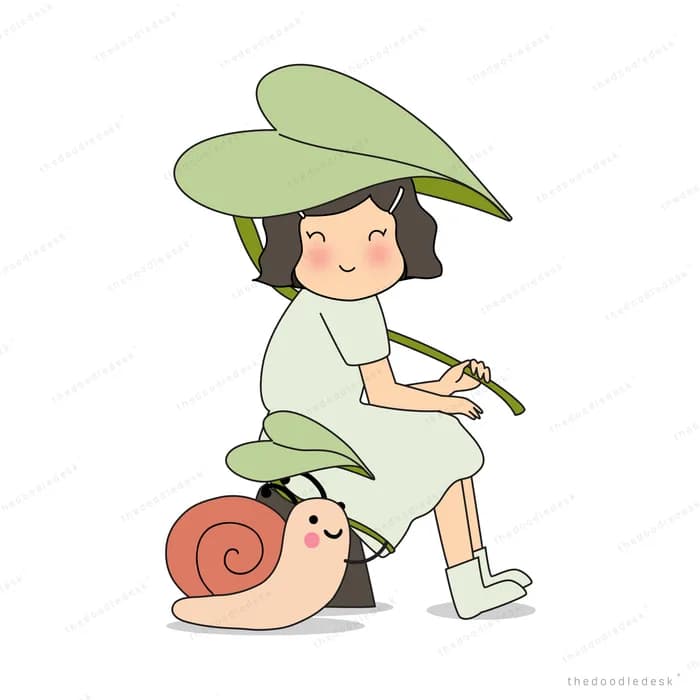 Girl in a wide hat sitting on a giant snail