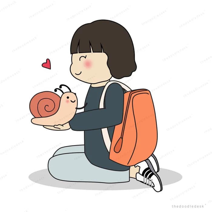 Girl with a backpack crouching beside a snail