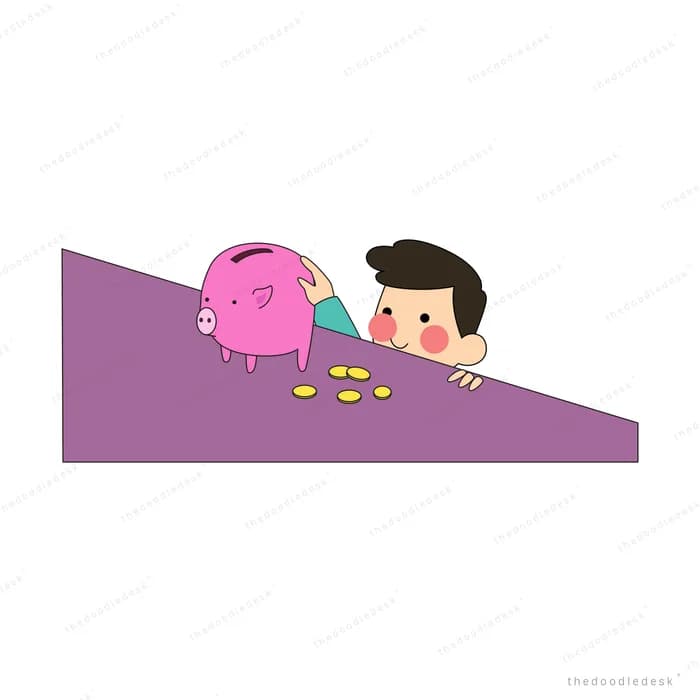 Boy and a pink piggy bank on a purple slope with coins