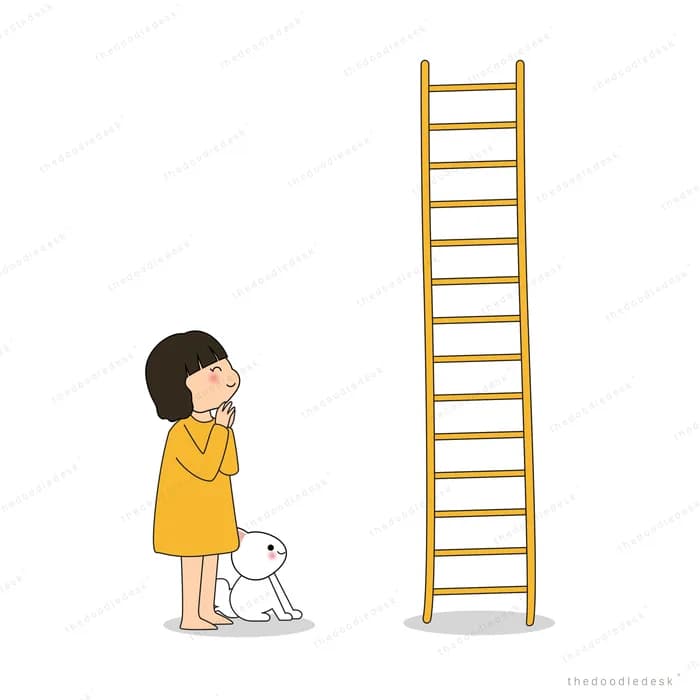 Girl and dog looking up at a tall ladder