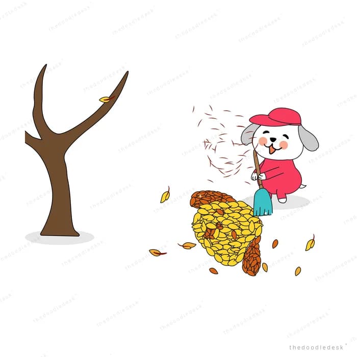 Girl in winter clothes sweeping leaves by a bare tree