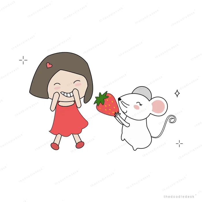 Girl offering a strawberry to a rabbit