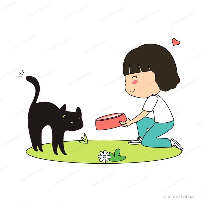 Girl reading on grass with a black cat beside her