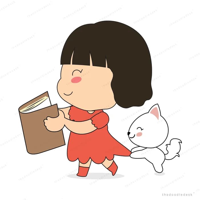 Girl in red carrying a clipboard with her cat