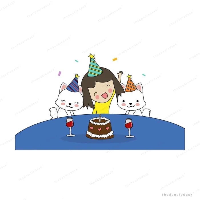 Girl in a party hat with cats and a birthday cake