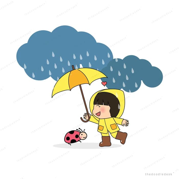 Girl in a raincoat with an umbrella under a rain cloud