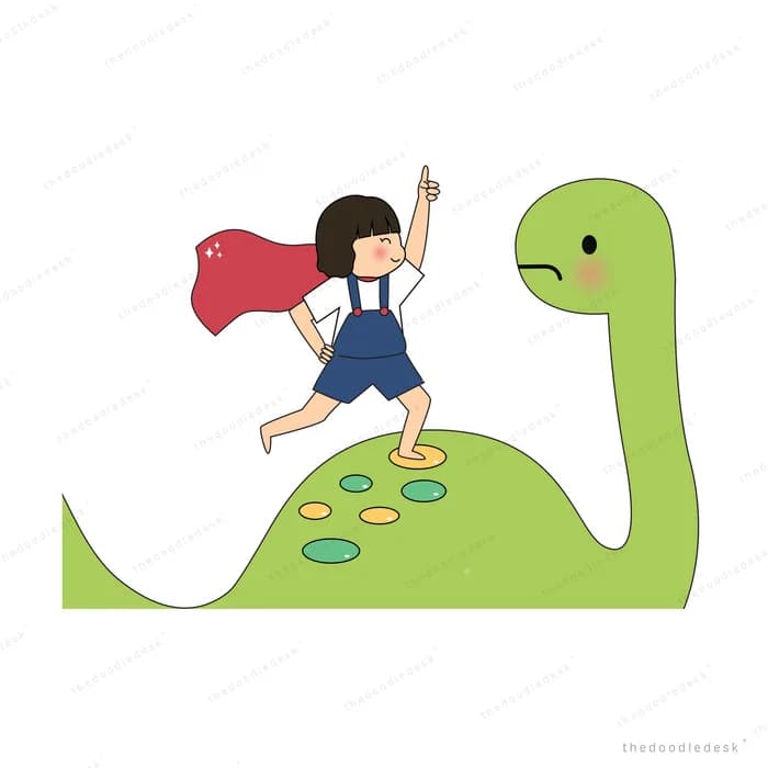 Girl in a cape standing on a green dinosaur
