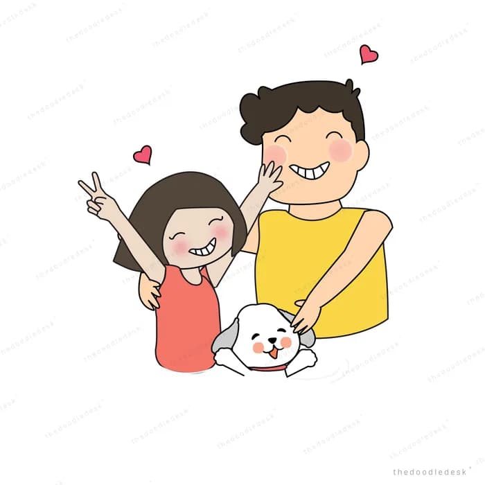Family posing together with a small dog and hearts