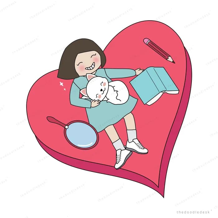 Girl reading inside a large pink heart with her cat