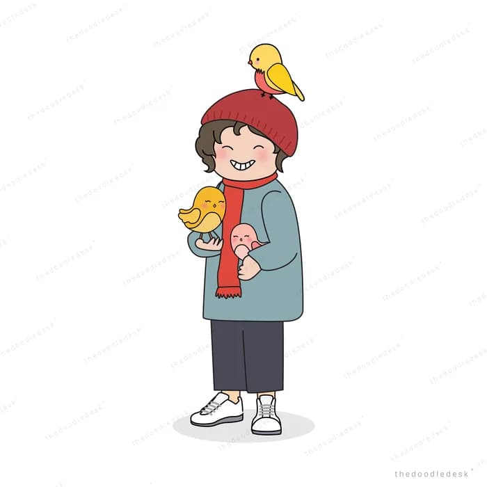 Woman in winter clothes with a bird on her head