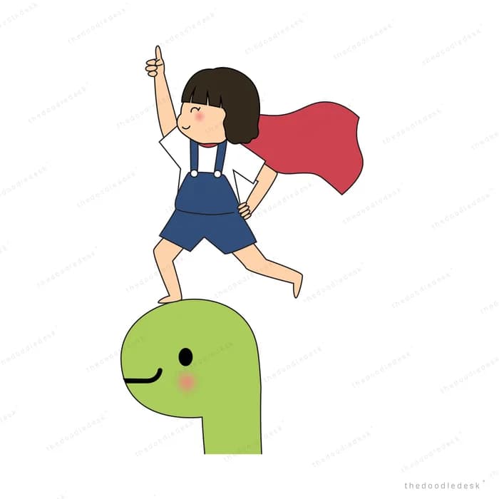 Girl in a red cape leaping over a green dinosaur