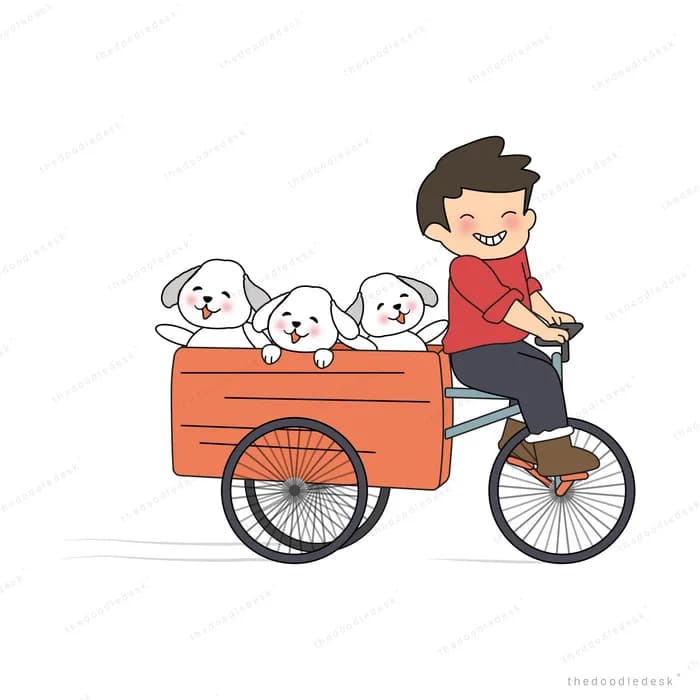 Man cycling a cart full of puppies