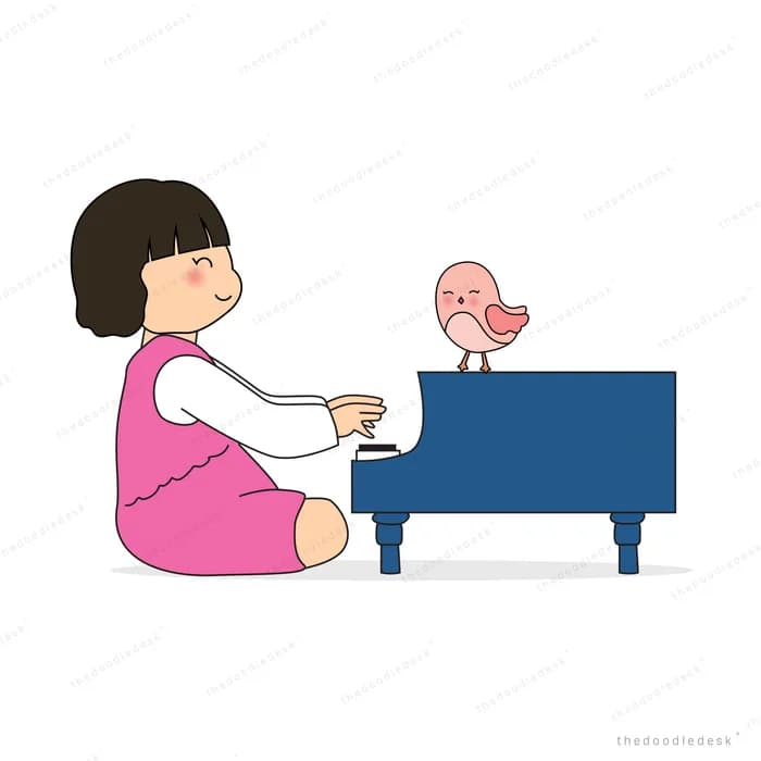 Girl playing a small blue piano with a bird