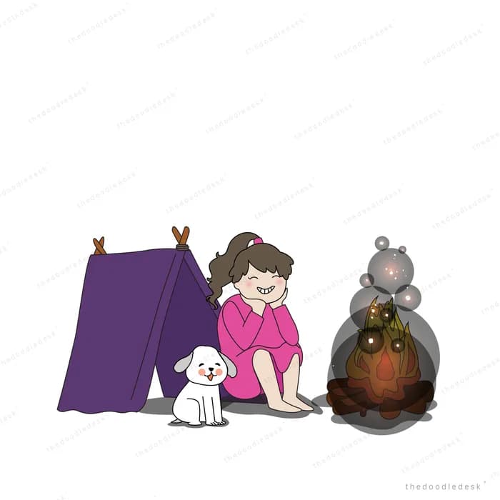 Girl camping in a purple tent with her dog