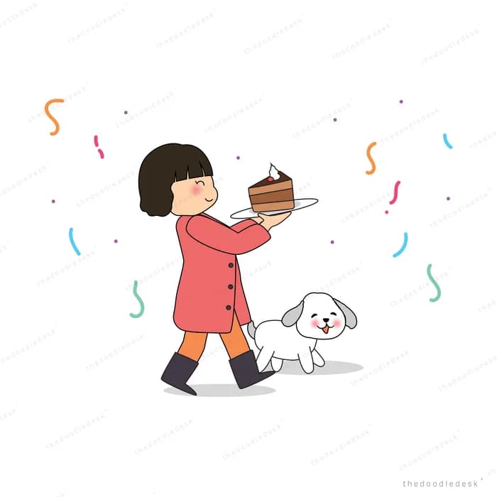 Girl carrying a cake with confetti and her dog