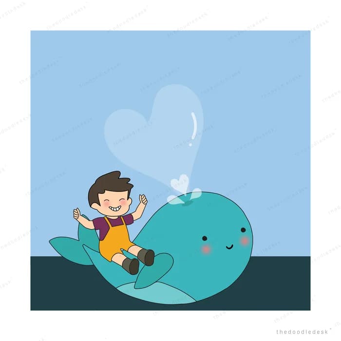 Boy riding a whale spouting a heart of water