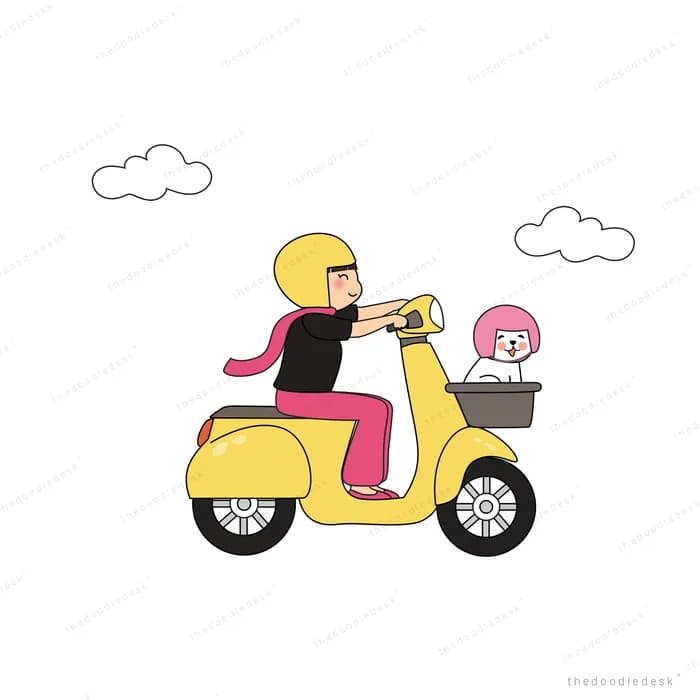 Woman on a yellow scooter with a dog in the back box