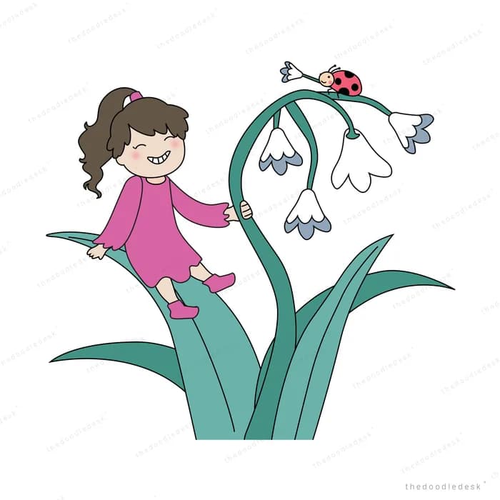 Girl climbing a giant snowdrop flower stem