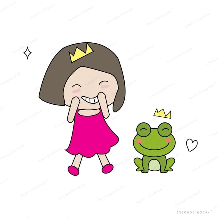 Girl in pink greeting a green frog
