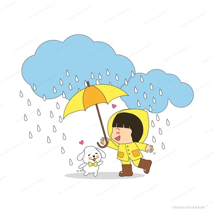 Girl in a raincoat with an umbrella and dog in the rain