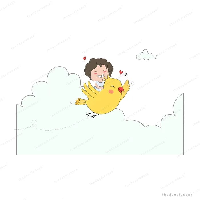 Girl riding a large yellow bird above clouds