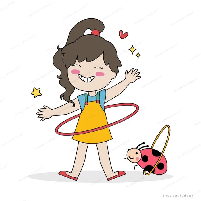 Girl spinning a hula hoop with a ladybug nearby