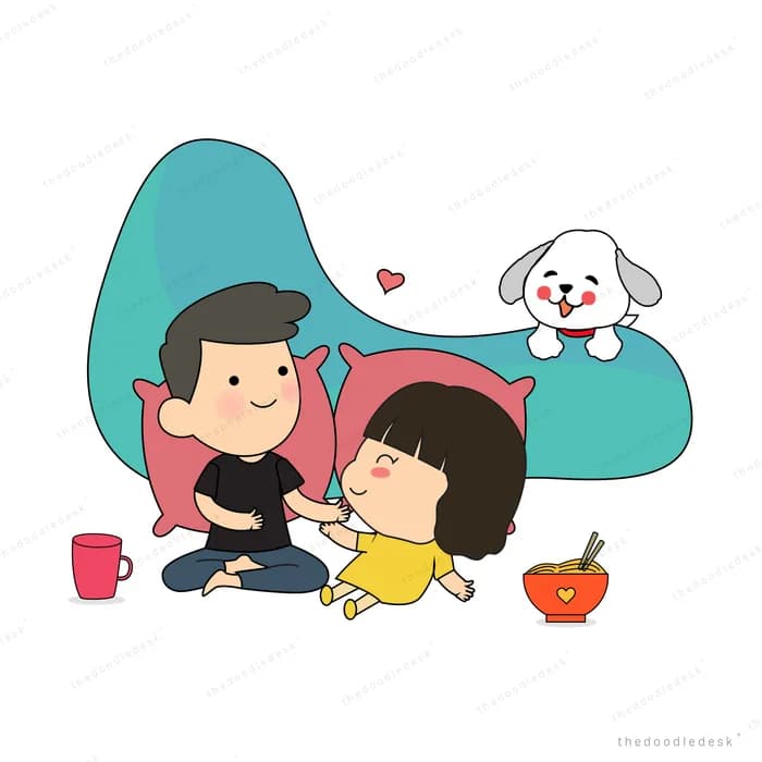 Family relaxing on a teal sofa with their dog