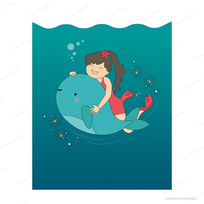 Girl riding a dolphin in a teal sea with orbs