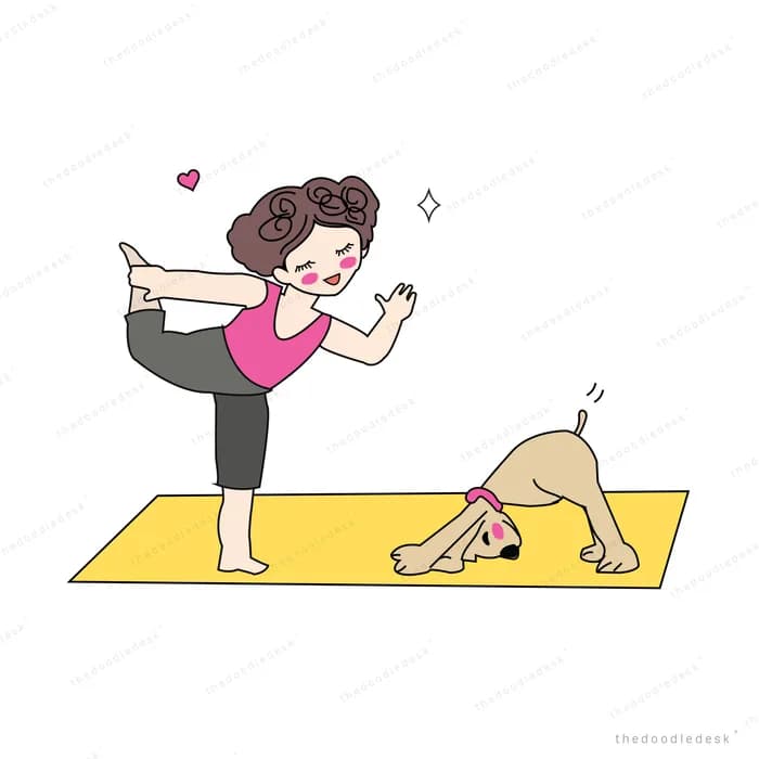 Woman doing a yoga pose on a mat with her dog