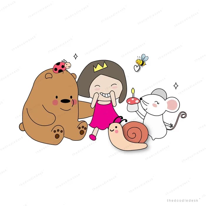 Girl sitting with a bear and snail companions