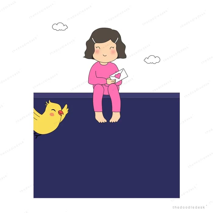 Girl sitting on a dark block with a yellow bird