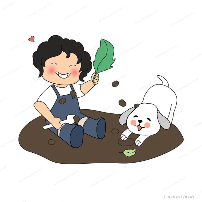 Woman planting seedlings in soil with her dog