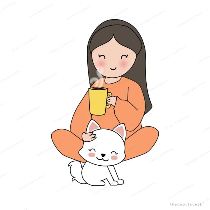 Girl sitting with a drink beside her cat