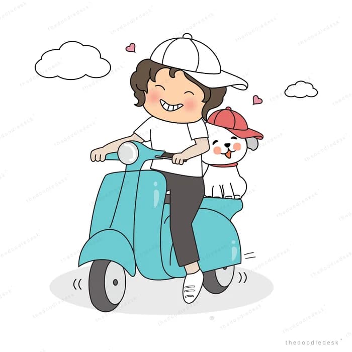 Couple riding a scooter with their dog