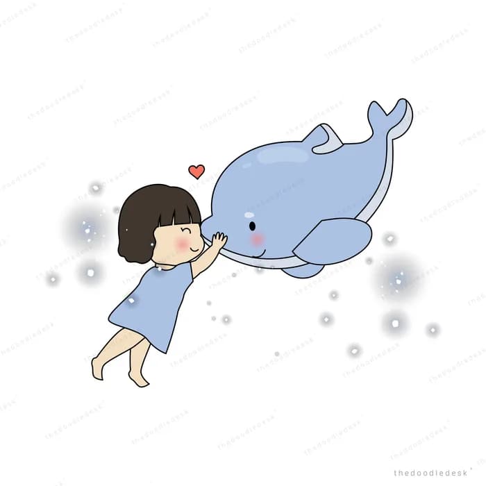 Girl greeting a whale among dark bubbles