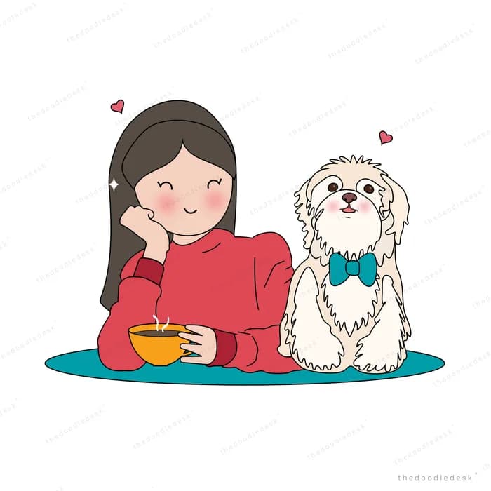 Woman eating from a bowl beside her dog
