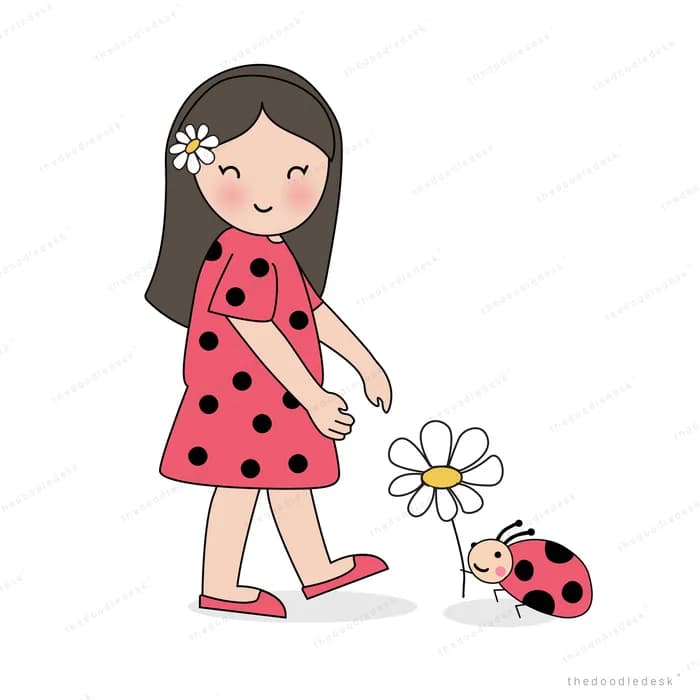 Girl in a polka dot dress beside a daisy and ladybug