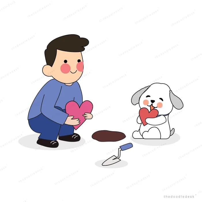 Man kneeling to feed his dog from a bowl