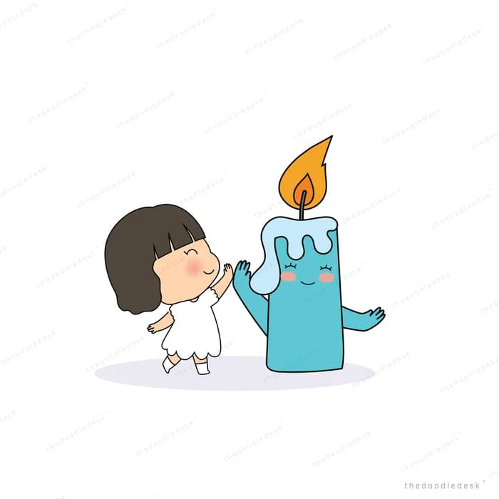 Girl and dog beside a large lit candle
