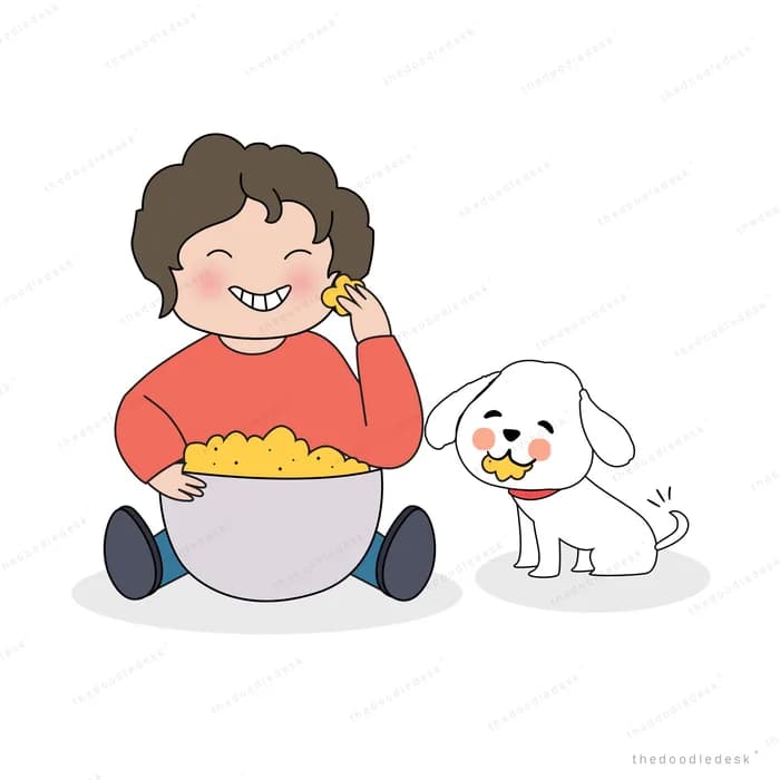 Woman eating popcorn beside her dog